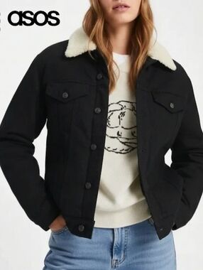 ASOS Classic Black Denim Jacket with Borg Collar Faux Sherpa